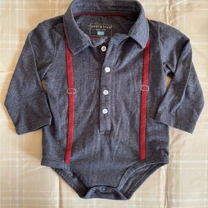 Andy & Evan Charcoal Bodysuit Onesie with Red “Suspenders” Detail